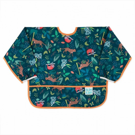 Bumkins Αδιάβροχη Ποδιά Πλαστική με Κορδόνι Sleeved Bib με Τσέπη & Μανίκια Jungle για 6 m+