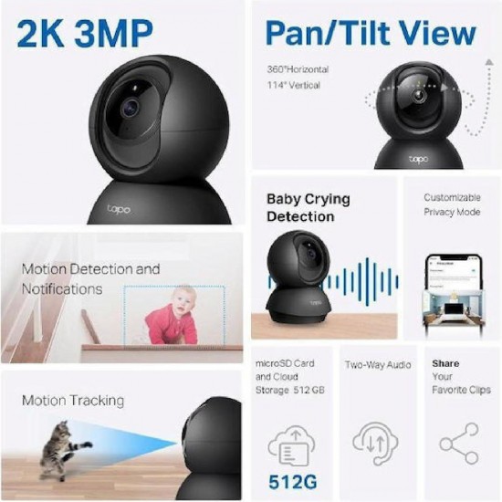 Tp-Link Tapo C211 Pan/Tilt Home Security Wi-Fi Camera 2K v3.0 (1770500258) Black