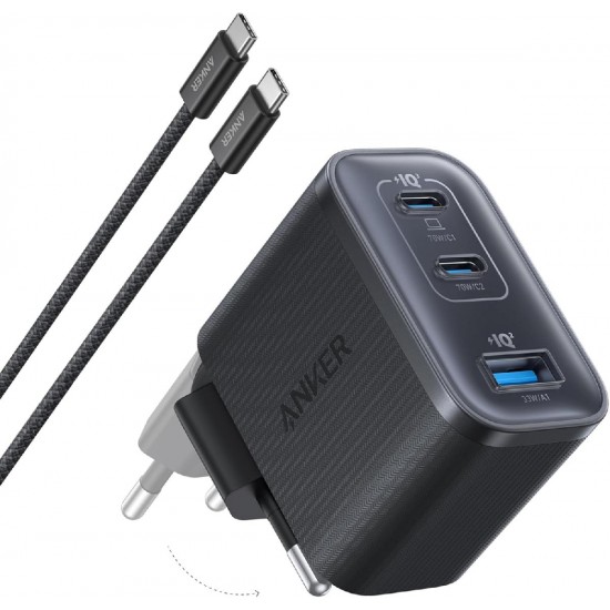 Anker Nano Charger 70W 3-Port Power Supply with USB-C Cable (B121A311) Black