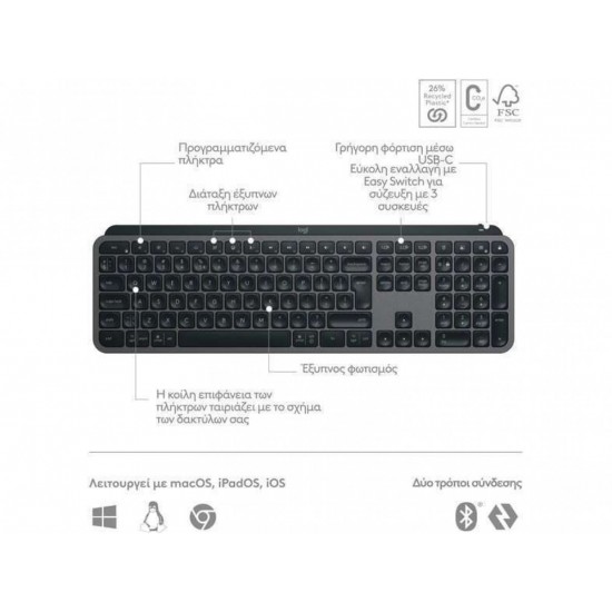 Logitech MX Keys S Ασύρματο Bluetooth Πληκτρολόγιο Αγγλικό US (920-011587) Black