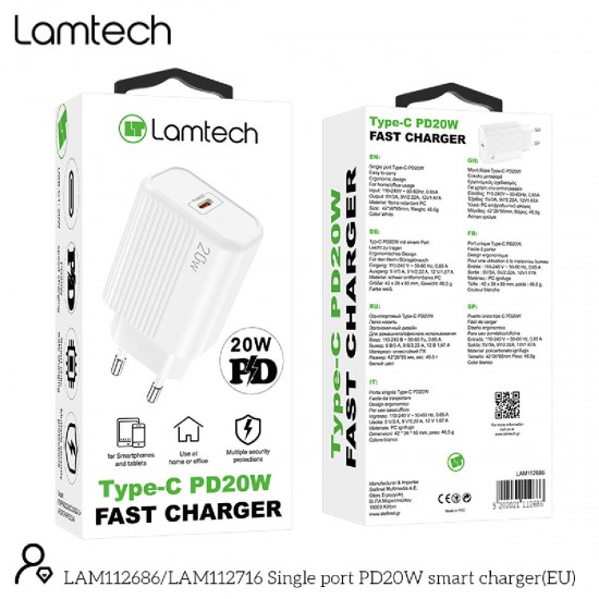 Lamtech Φορτιστής Χωρίς Καλώδιο με Θύρα USB-C 20W Power Delivery (LAM112686) Λευκός