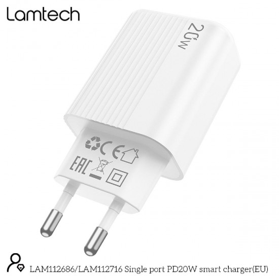 Lamtech Φορτιστής Χωρίς Καλώδιο με Θύρα USB-C 20W Power Delivery (LAM112686) Λευκός