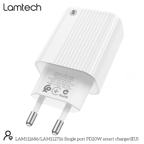Lamtech Φορτιστής Χωρίς Καλώδιο με Θύρα USB-C 20W Power Delivery (LAM112686) Λευκός