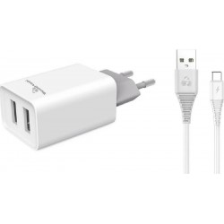 Powertech (PT-776) Φορτιστής με 2 Θύρες USB-A και Καλώδιο USB-C Λευκός