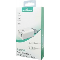 Powertech (PT-776) Φορτιστής με 2 Θύρες USB-A και Καλώδιο USB-C Λευκός