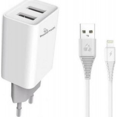POWERTECH φορτιστής τοίχου PT-777, καλώδιο Lightning, 2x USB 2.1A, λευκό