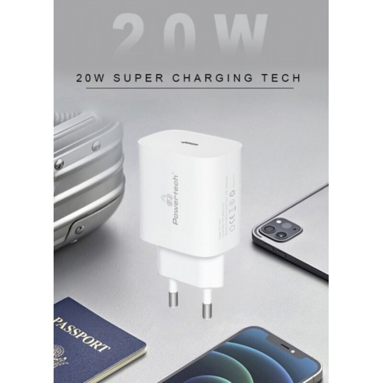 Powertech (PT-1091) Φορτιστής Χωρίς Καλώδιο με Θύρα USB-C 20W Power Delivery Λευκός