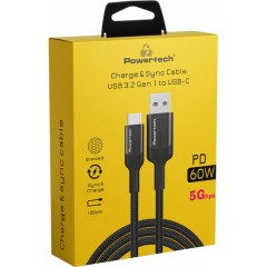 Powertech Braided USB 3.2 Cable USB-C male - USB-A 60W PD Μαύρο 1m PTR-0134
