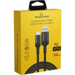 Powertech Braided USB 3.2 Cable USB-C male - USB-A 60W PD Μαύρο 1m PTR-0134