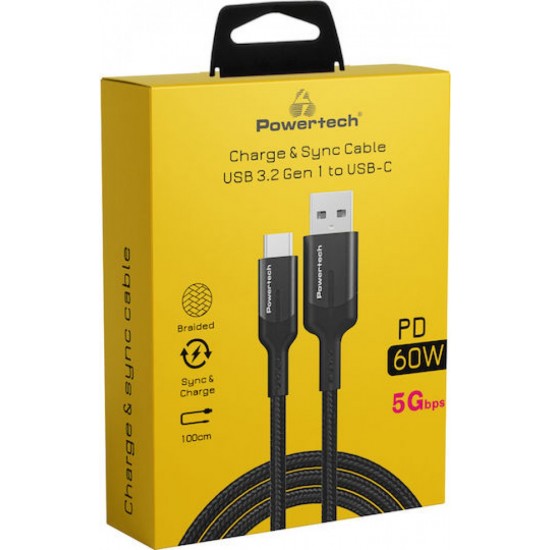 Powertech Braided USB 3.2 Cable USB-C male - USB-A 60W PD Μαύρο 1m PTR-0134