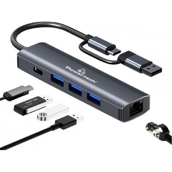 Powertech 5-in-1 USB Hub with Ethernet (PTR-0150) Γκρι
