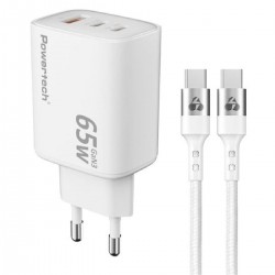 Powertech Φορτιστής GaN με Θύρα USB-A και 2 Θύρες USB-C και Καλώδιο USB-C - USB-C 65W Power Delivery Λευκός (PT-1415)