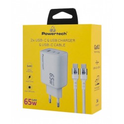 Powertech Φορτιστής GaN με Θύρα USB-A και 2 Θύρες USB-C και Καλώδιο USB-C - USB-C 65W Power Delivery Λευκός (PT-1415)