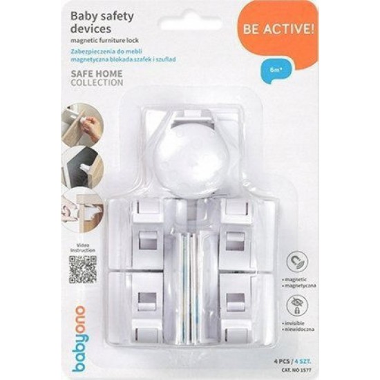 Babyono Μαγνητική Κλειδαριά για Ντουλάπια και Συρτάρια 4τμχ (BN1577) Λευκή