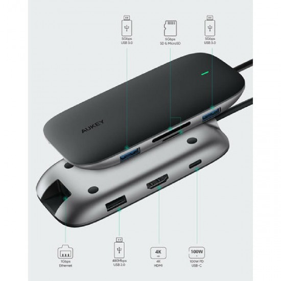 Aukey 8-in-1 USB-C Hub with 100W PD (CB-C71) Black Aukey 8-in-1 USB-C Hub with 100W PD (CB-C71) Black
