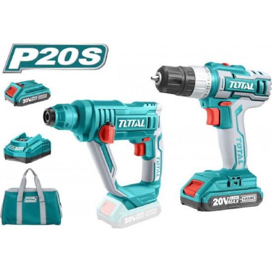 Total Σετ Δραπανοκατσάβιδο & Πιστολέτο 20V με 2 Μπαταρίες 2Ah και Θήκη (TCKLI2008)