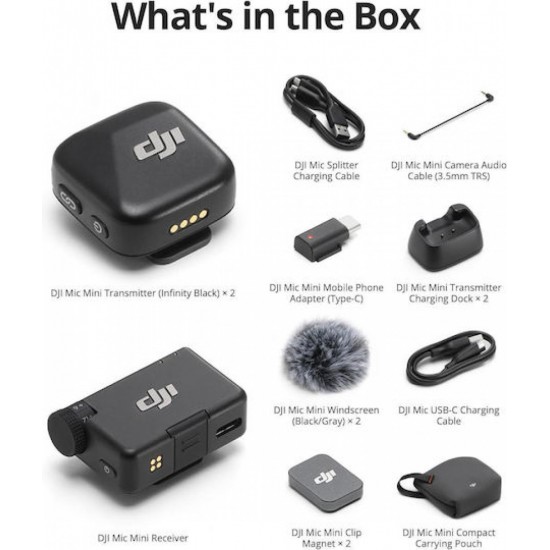 DJI Mic Mini (2 TX + 1 RX) Μικρόφωνο Πέτου Δημοσιογραφικό Black