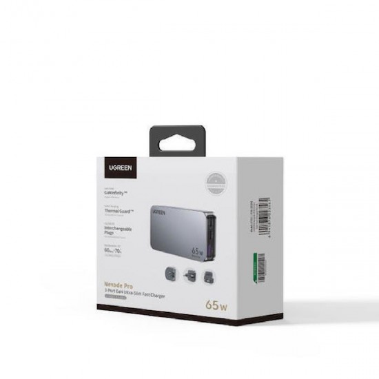 Ugreen Nexode Pro Φορτιστής Χωρίς Καλώδιο GaN με Θύρα USB-A και 2 Θύρες USB-C 65W (25356) Γκρι