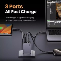 Ugreen Φορτιστής GaN με Θύρα USB-A και 2 Θύρες USB-C και Καλώδιο USB-C - USB-C 65W Power Delivery/Quick Charge 4.0 (25871) Γκρι