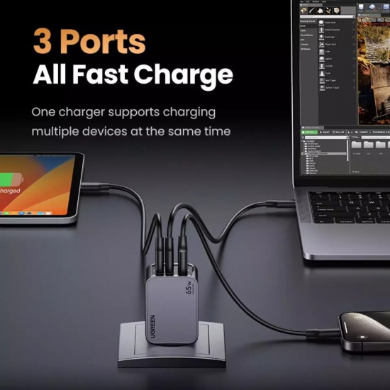 Ugreen Φορτιστής GaN με Θύρα USB-A και 2 Θύρες USB-C και Καλώδιο USB-C - USB-C 65W Power Delivery/Quick Charge 4.0 (25871) Γκρι