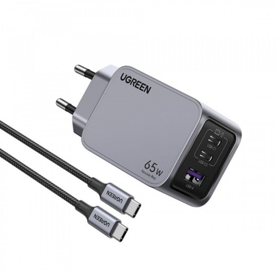 Ugreen Φορτιστής GaN με Θύρα USB-A και 2 Θύρες USB-C και Καλώδιο USB-C - USB-C 65W Power Delivery/Quick Charge 4.0 (25871) Γκρι