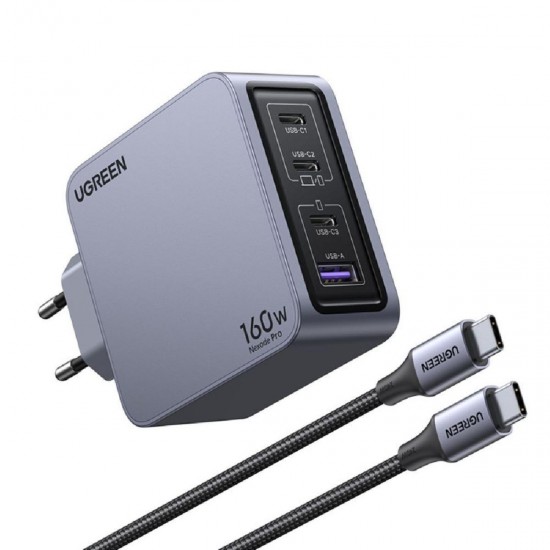 Ugreen Φορτιστής GaN με Θύρα USB-A και 3 Θύρες USB-C και Καλώδιο USB-C - USB-C 160W Power Delivery (25877) Μαύρο