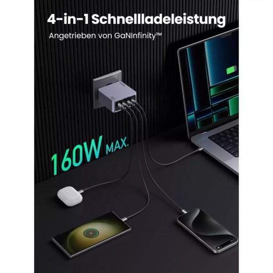 Ugreen Φορτιστής GaN με Θύρα USB-A και 3 Θύρες USB-C και Καλώδιο USB-C - USB-C 160W Power Delivery (25877) Μαύρο
