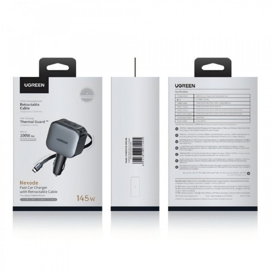 Ugreen EC604 Φορτιστής Αυτοκινήτου 145W 3A με Θύρες 1xUSB 1xType-C με Καλώδιο Ενσωματωμένο (55910B) Γκρι