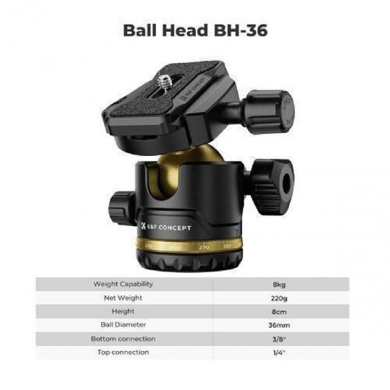 K&F Concept K234A0+BH-36L Magnesium Travel Tripod with Ball Head & Phone Clamp (KF09.149) Black/Gold