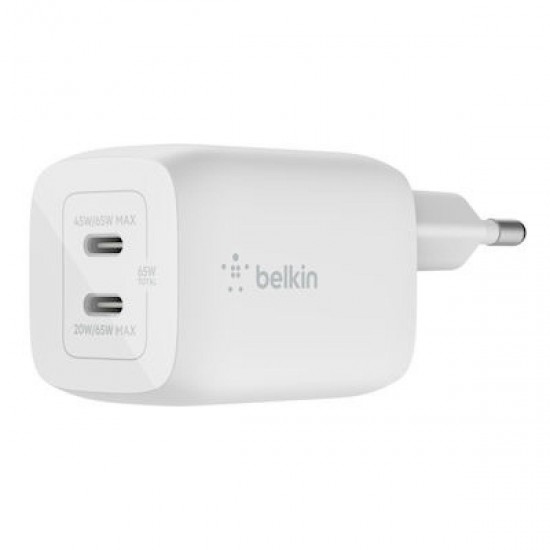Belkin Boost Charge Pro Διπλός φορτιστής τοίχου USB-C GaN με PPS 65W (WCH013vfWH) White