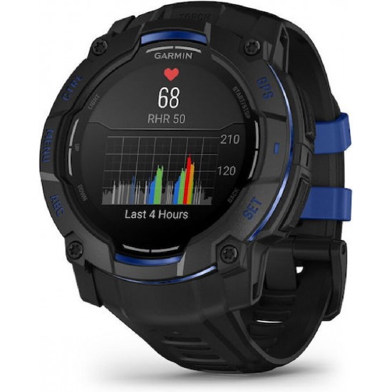 Garmin Instinct 3 AMOLED Aluminium 50mm Αδιάβροχο Smartwatch με Παλμογράφο (Black/Bolt Blue Band) 010-03020-03