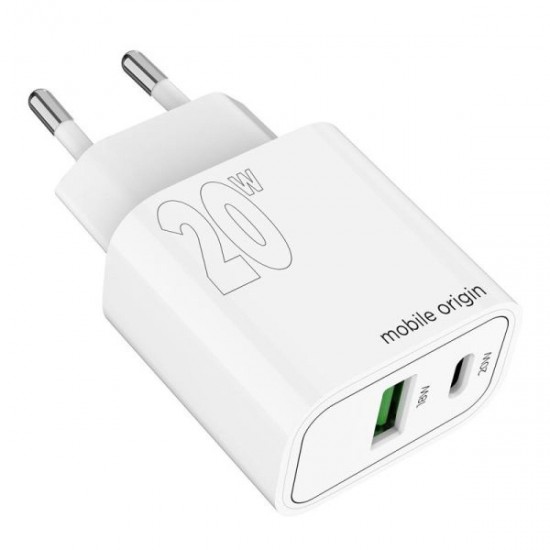 Mobile Origin PD20W Wall Charger USB-A 18W USB-C 20W (FRL-PD20W-MO12) White