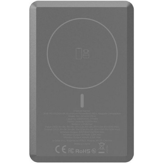 Mobile Origin PB14 MagSafe Power Bank 20000mAh 30W με 2 Θύρες USB-C Power Delivery Γκρι