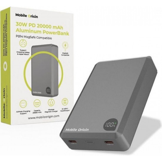 Mobile Origin PB14 MagSafe Power Bank 20000mAh 30W με 2 Θύρες USB-C Power Delivery Γκρι