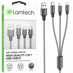 Lamtech Braided USB to Lightning / Type-C / micro USB Cable Μαύρο 1m (LAM450305)