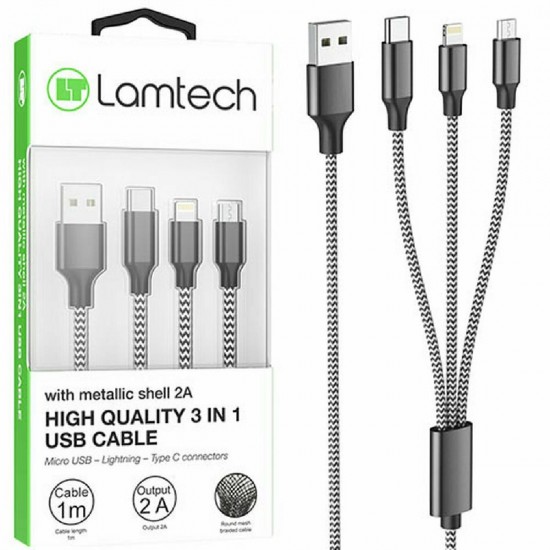 Lamtech Braided USB to Lightning / Type-C / micro USB Cable Μαύρο 1m (LAM450305)