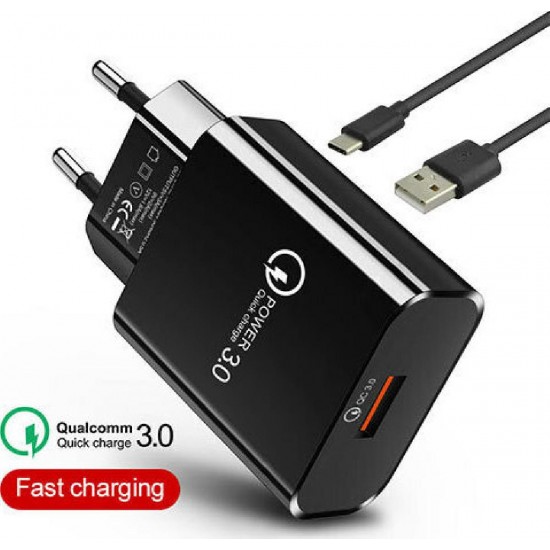 Lamtech Quick Charger USB3.0 18W With Type-C Cable 1M Black (LAM021981)