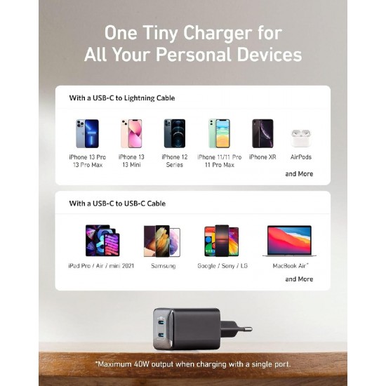 Anker 521 Nano Pro Φορτιστής Χωρίς Καλώδιο με 2 Θύρες USB-C 40W (A2038312) Μαύρος