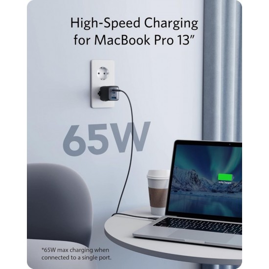 Anker Φορτιστής Χωρίς Καλώδιο GaN με Θύρα USB-A και 2 Θύρες USB-C 65W (A2667314) Μαύρος