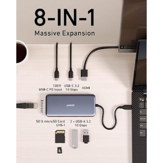Anker USB-C Docking Station με HDMI 4K PD Ethernet Γκρι (A83830A2)